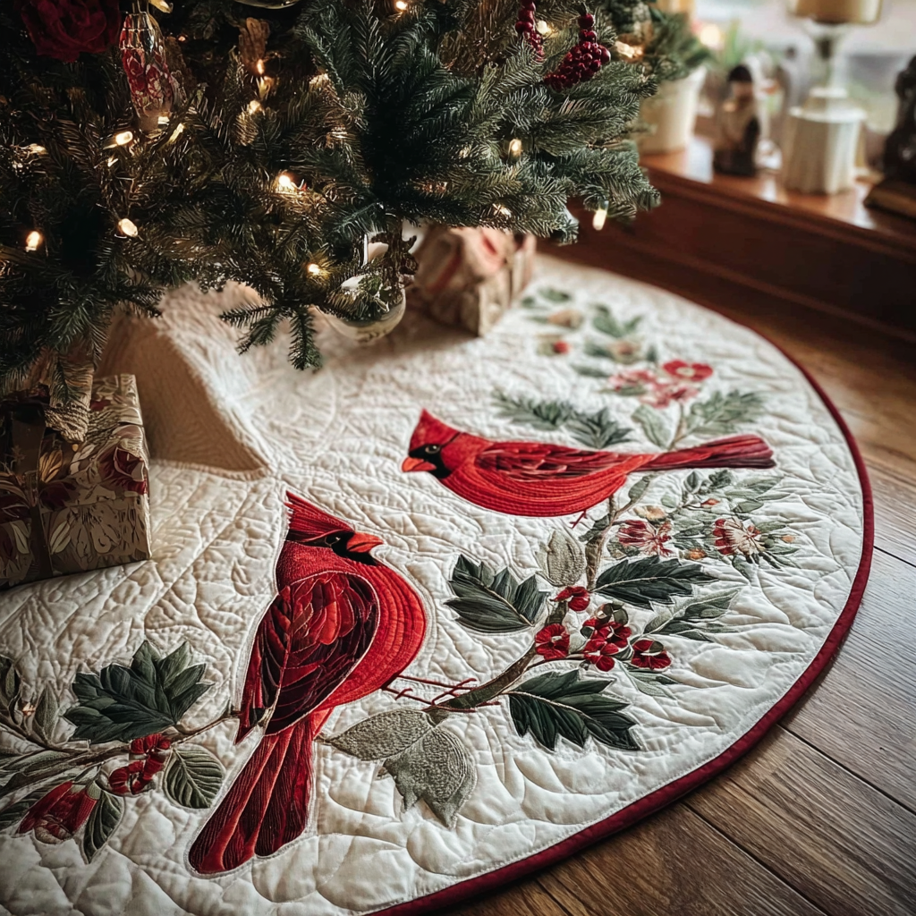 Cardinal Charm Christmas Quilted Tree Skirt-Myprintsy
