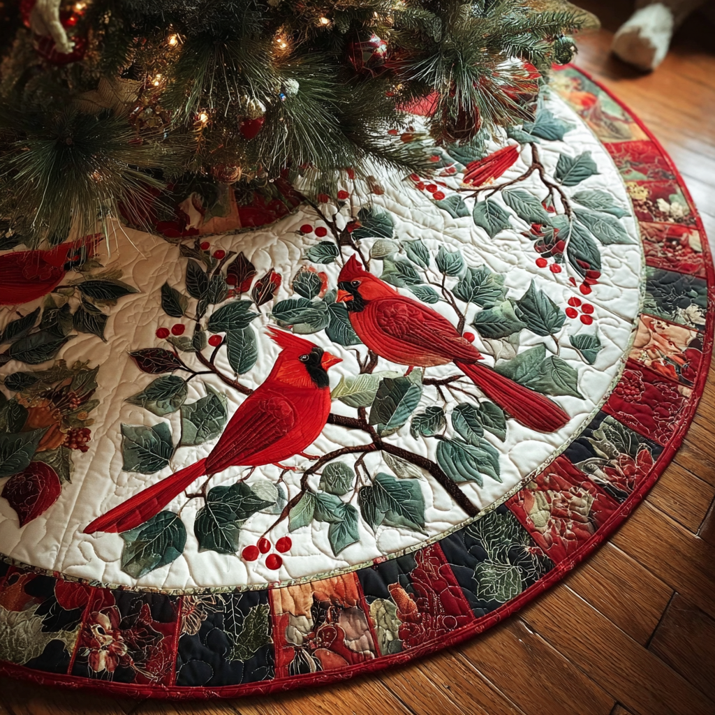 Cardinal Glow Christmas Quilted Tree Skirt-Myprintsy
