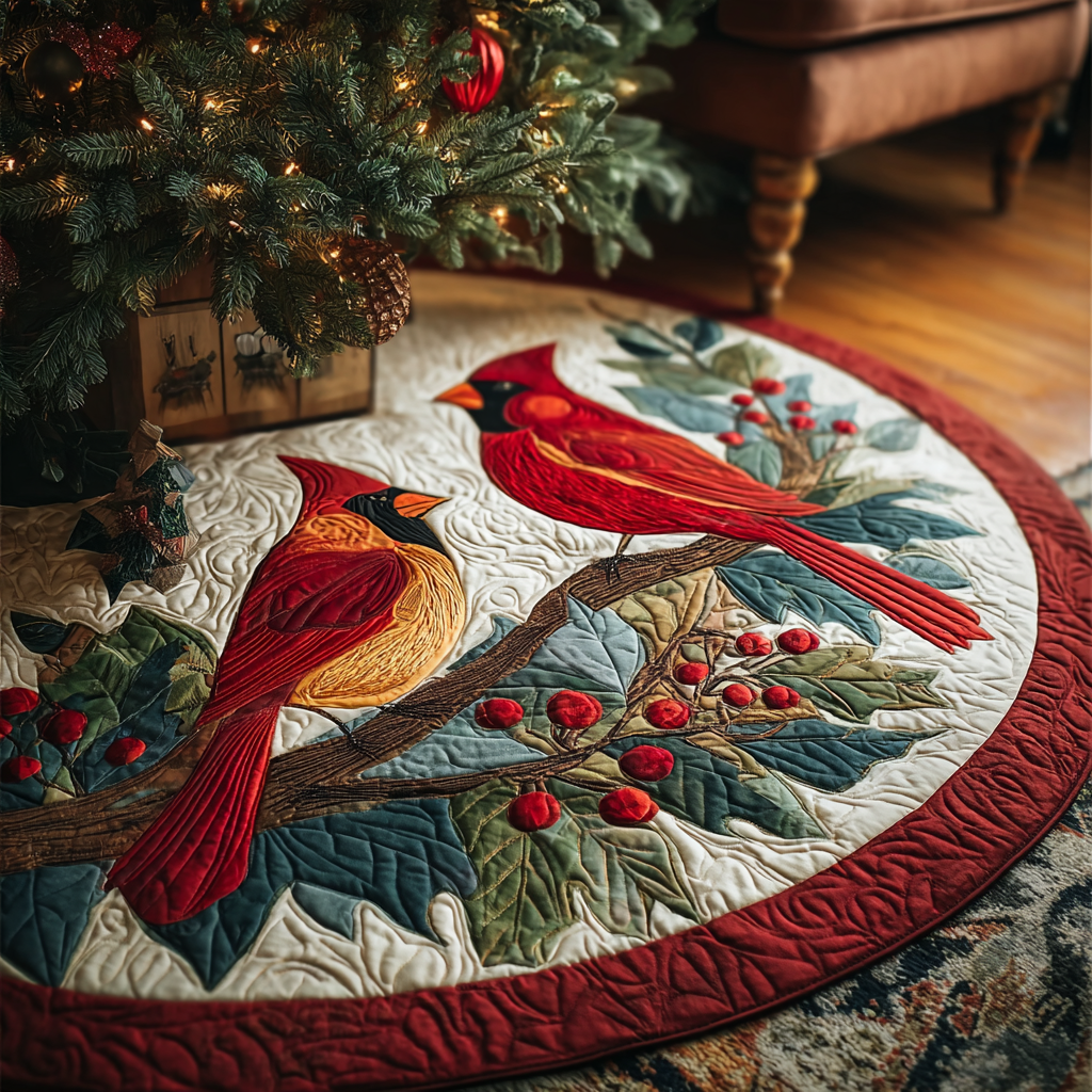 Cardinal Nest Christmas Quilted Tree Skirt-Myprintsy