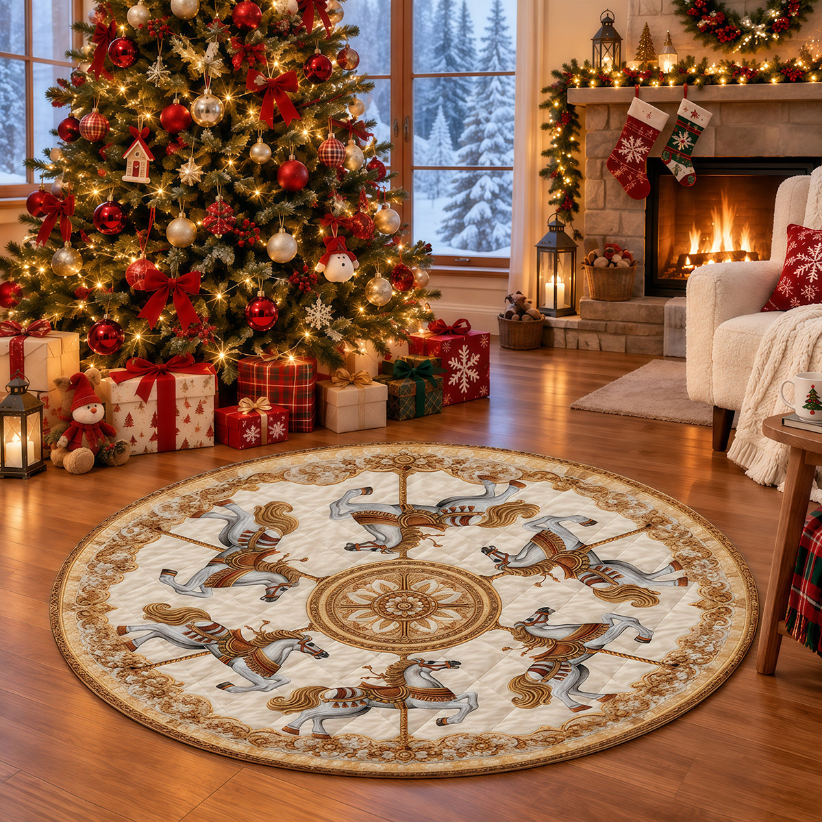 Carousel Horse Golden Baroque Christmas Tree Skirt-Myprintsy