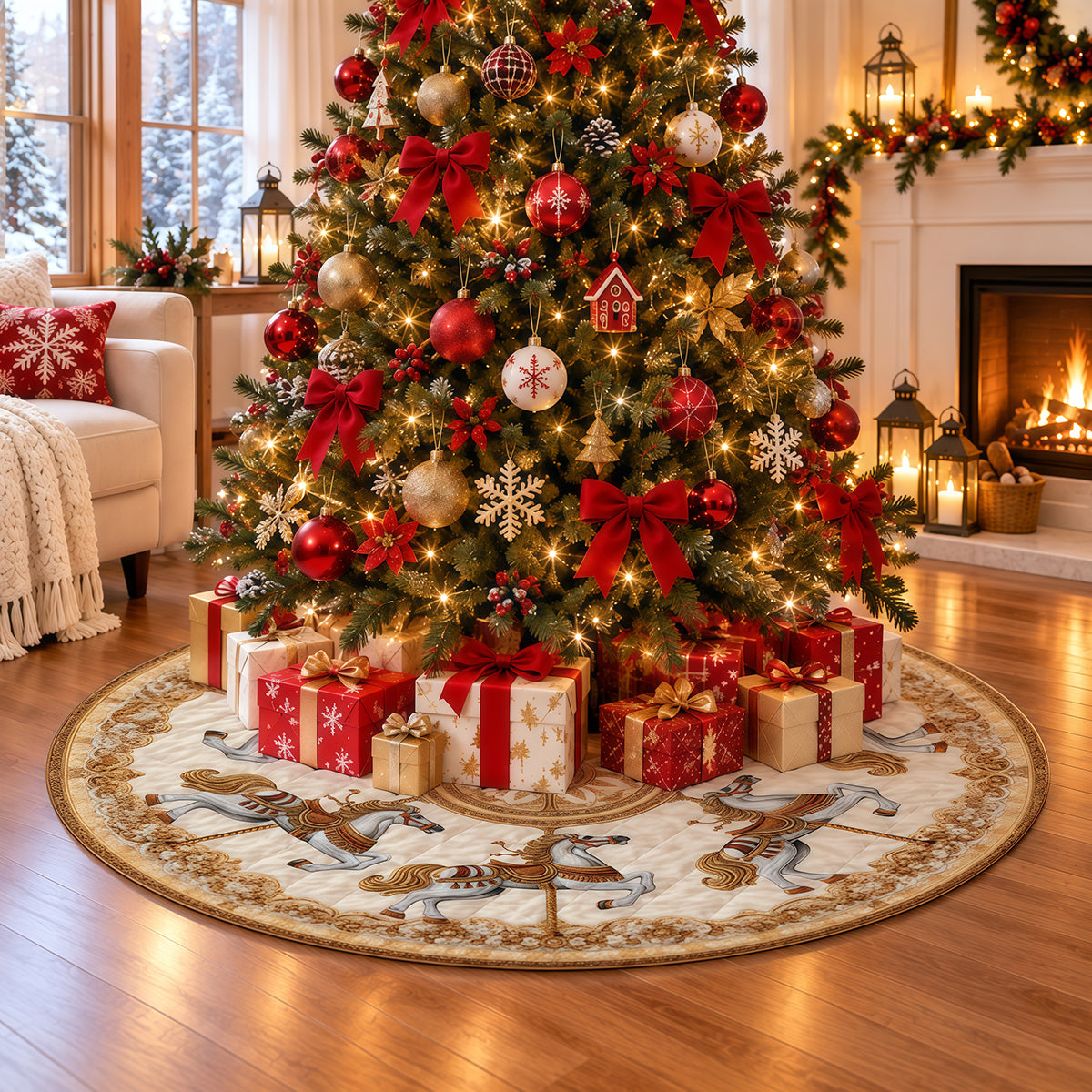 Carousel Horse Golden Baroque Christmas Tree Skirt-Myprintsy