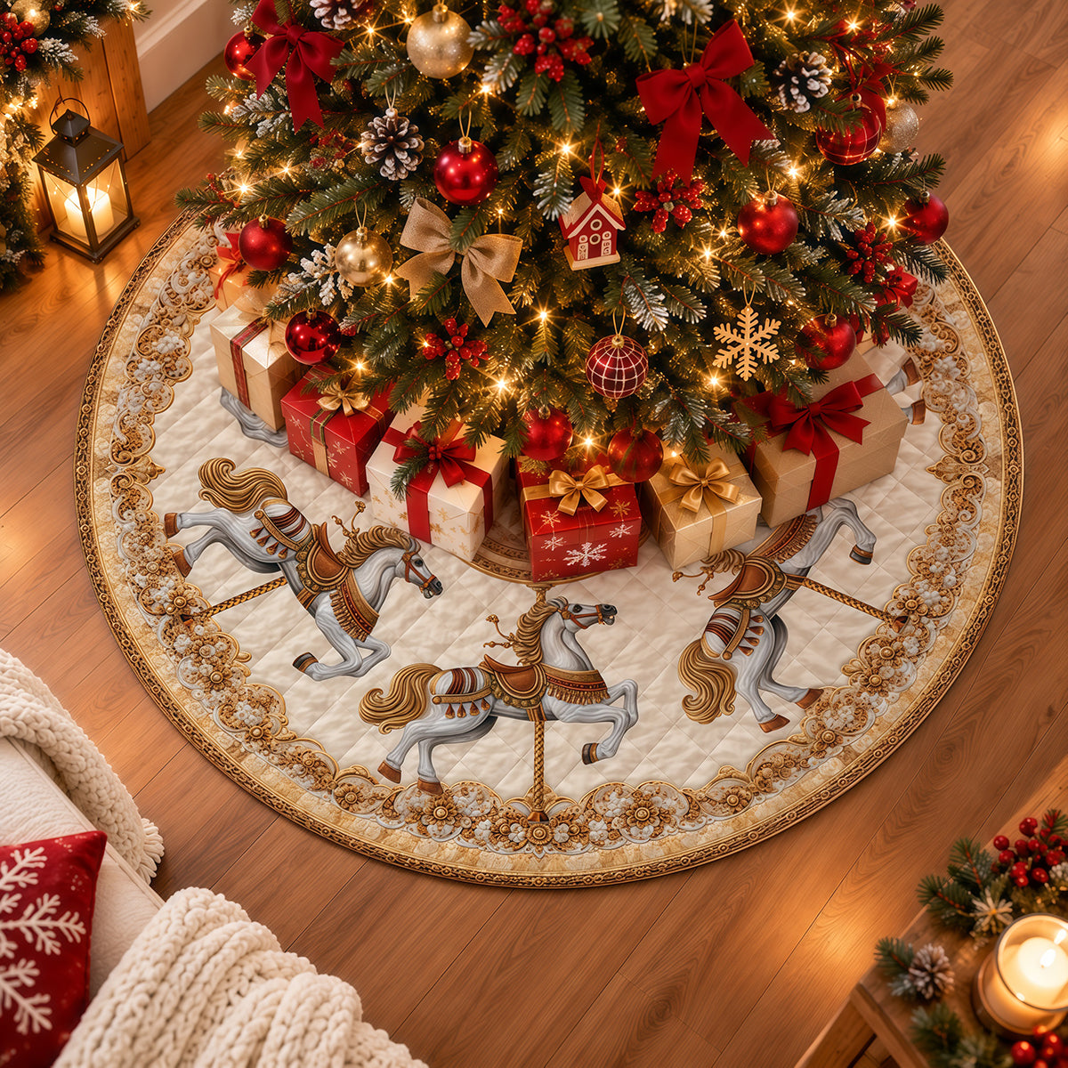 Carousel Horse Golden Baroque Christmas Tree Skirt-Myprintsy