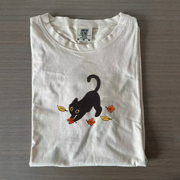 Cat Pouncing Leaves Embroidered - Shirt-Myprintsy