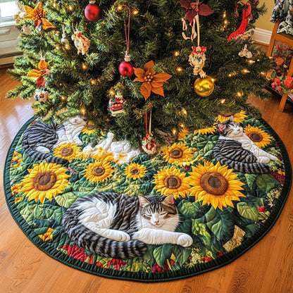 Catnap in the Sunflowers Quilted Christmas Tree Skirt-Myprintsy