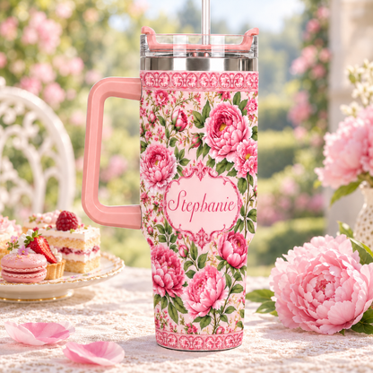 Charming Peony Paradise & Baroque Pattern - Personalized 40oz Tumbler With Straw - Gift For Her, Bestie, Family Members-Myprintsy