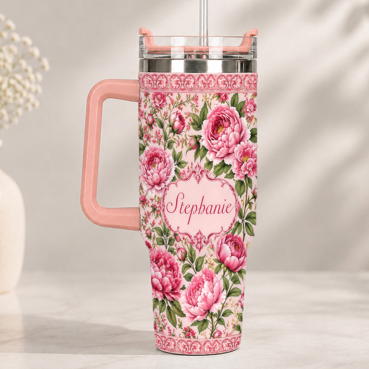 Charming Peony Paradise & Baroque Pattern - Personalized 40oz Tumbler With Straw - Gift For Her, Bestie, Family Members-Myprintsy