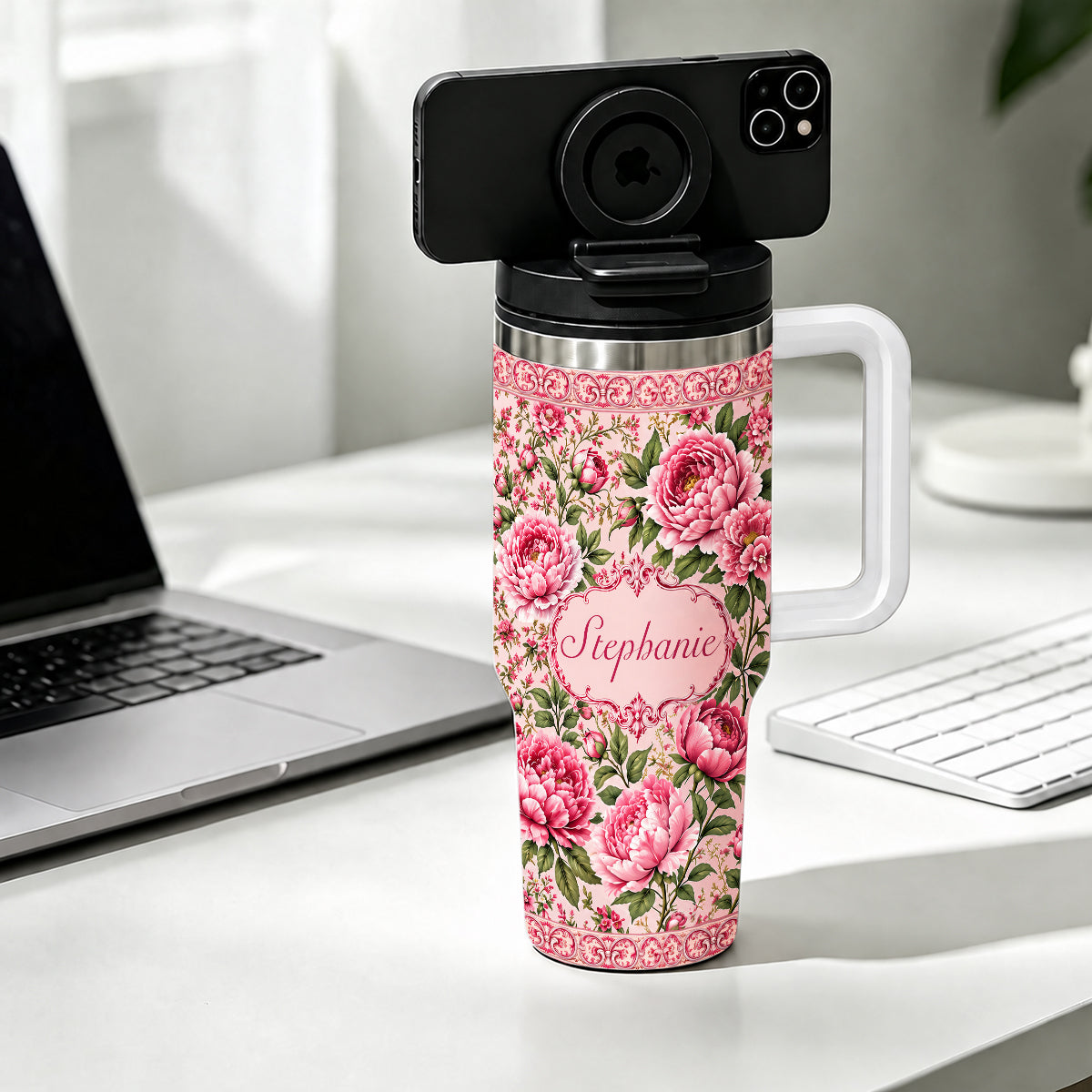 Charming Peony Paradise & Baroque Pattern - Personalized 40oz Tumbler With Straw - Gift For Her, Bestie, Family Members-Myprintsy
