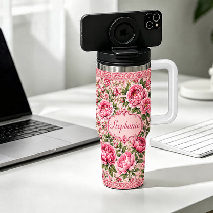 Charming Peony Paradise & Baroque Pattern - Personalized 40oz Tumbler With Straw - Gift For Her, Bestie, Family Members-Myprintsy