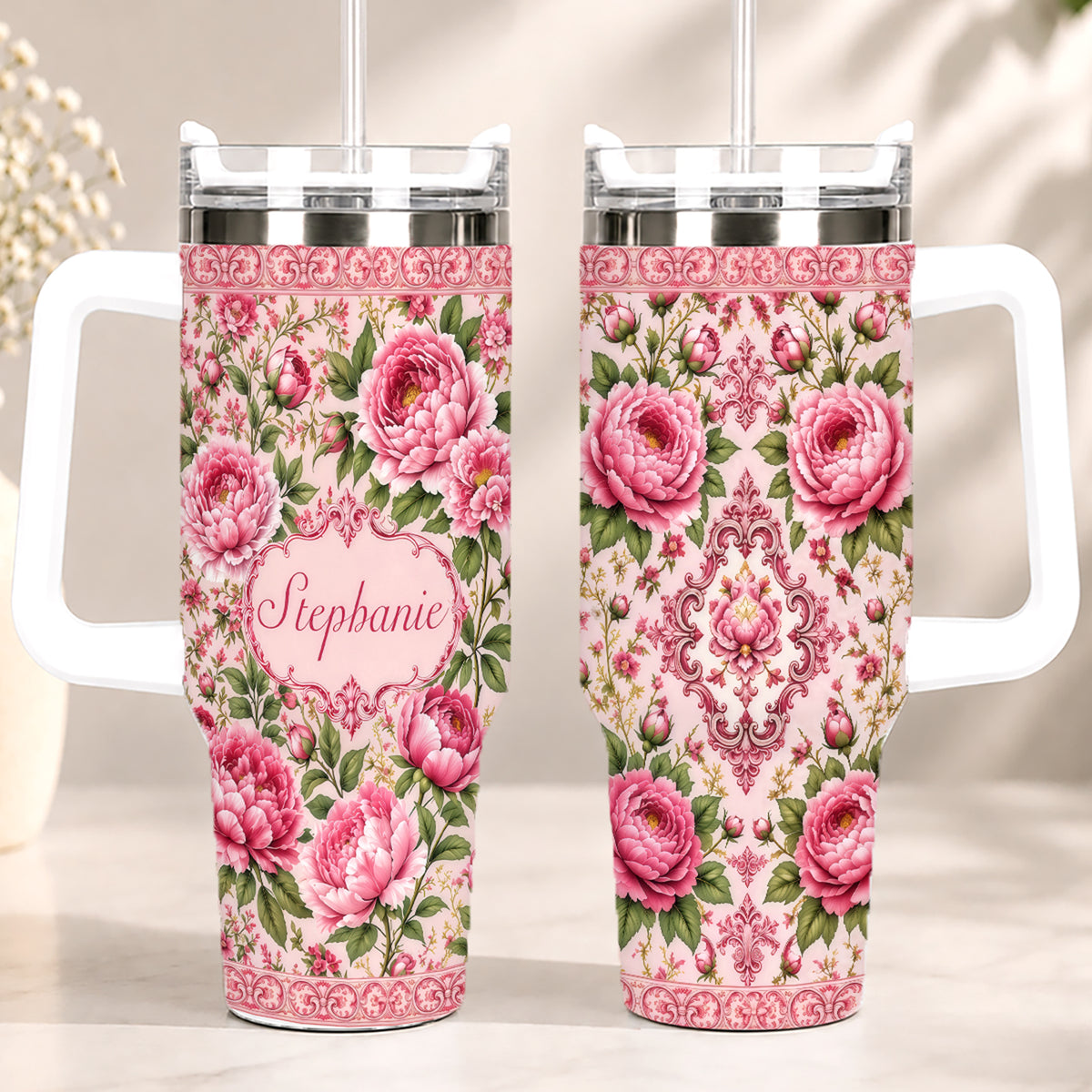 Charming Peony Paradise & Baroque Pattern - Personalized 40oz Tumbler With Straw - Gift For Her, Bestie, Family Members-Myprintsy