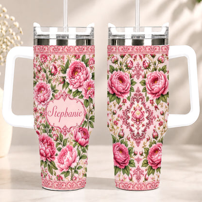 Charming Peony Paradise & Baroque Pattern - Personalized 40oz Tumbler With Straw - Gift For Her, Bestie, Family Members-Myprintsy