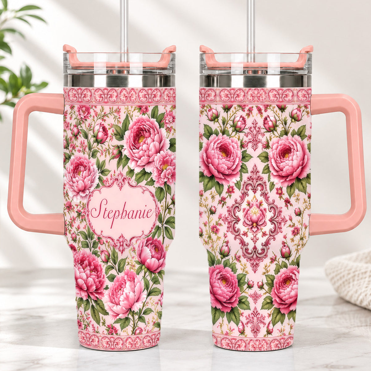Charming Peony Paradise & Baroque Pattern - Personalized 40oz Tumbler With Straw - Gift For Her, Bestie, Family Members-Myprintsy