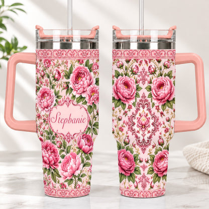 Charming Peony Paradise & Baroque Pattern - Personalized 40oz Tumbler With Straw - Gift For Her, Bestie, Family Members-Myprintsy