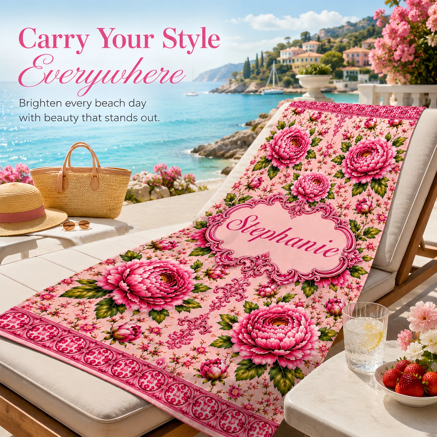 Charming Peony Paradise & Baroque Pattern - Personalized Beach Towel-Myprintsy