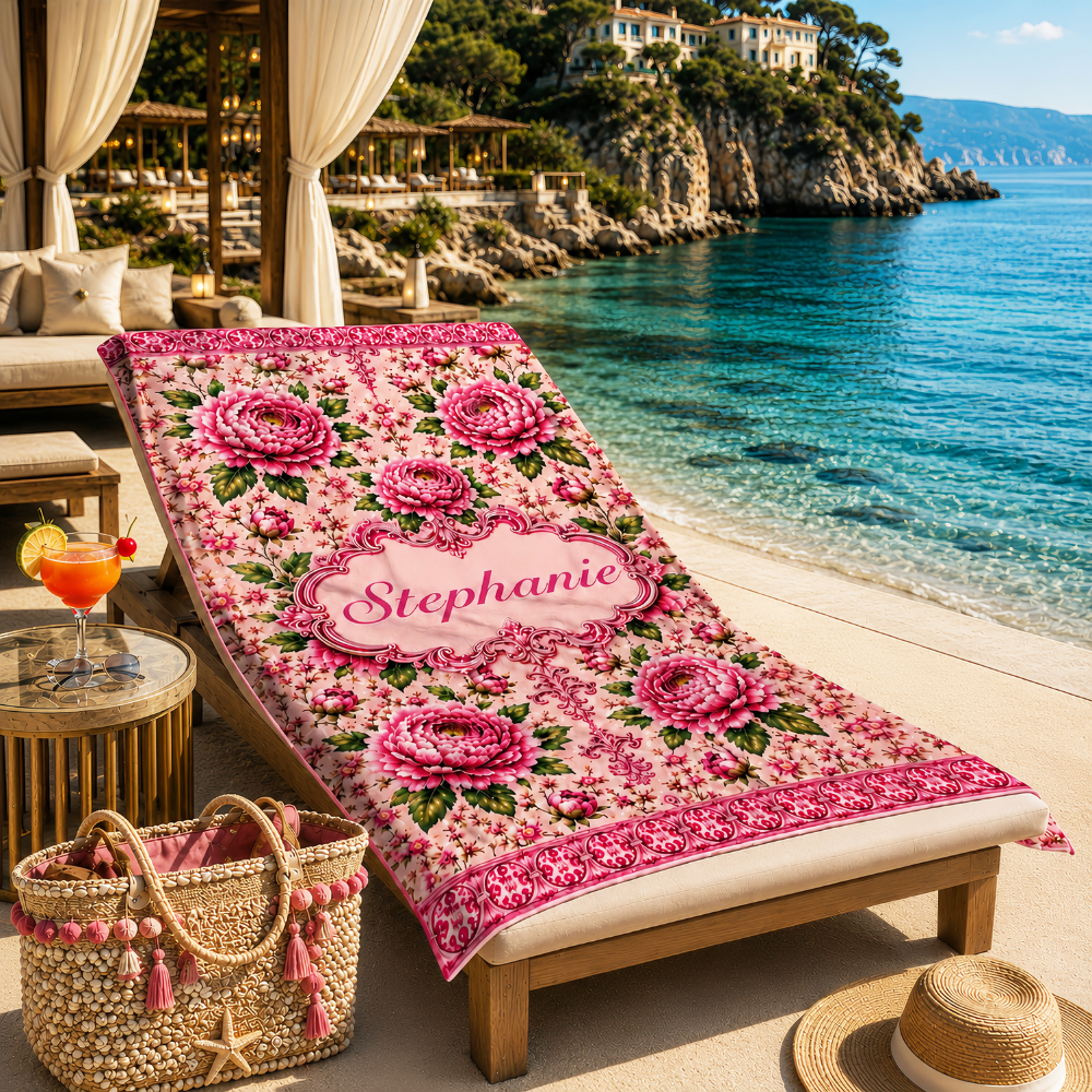 Charming Peony Paradise & Baroque Pattern - Personalized Beach Towel-Myprintsy