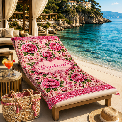 Charming Peony Paradise & Baroque Pattern - Personalized Beach Towel-Myprintsy