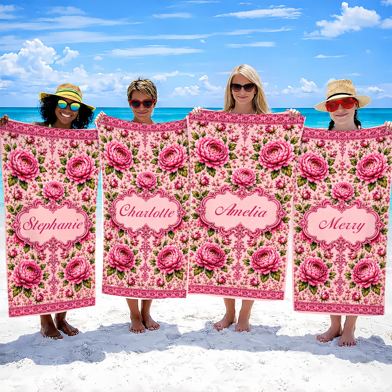 Charming Peony Paradise & Baroque Pattern - Personalized Beach Towel-Myprintsy