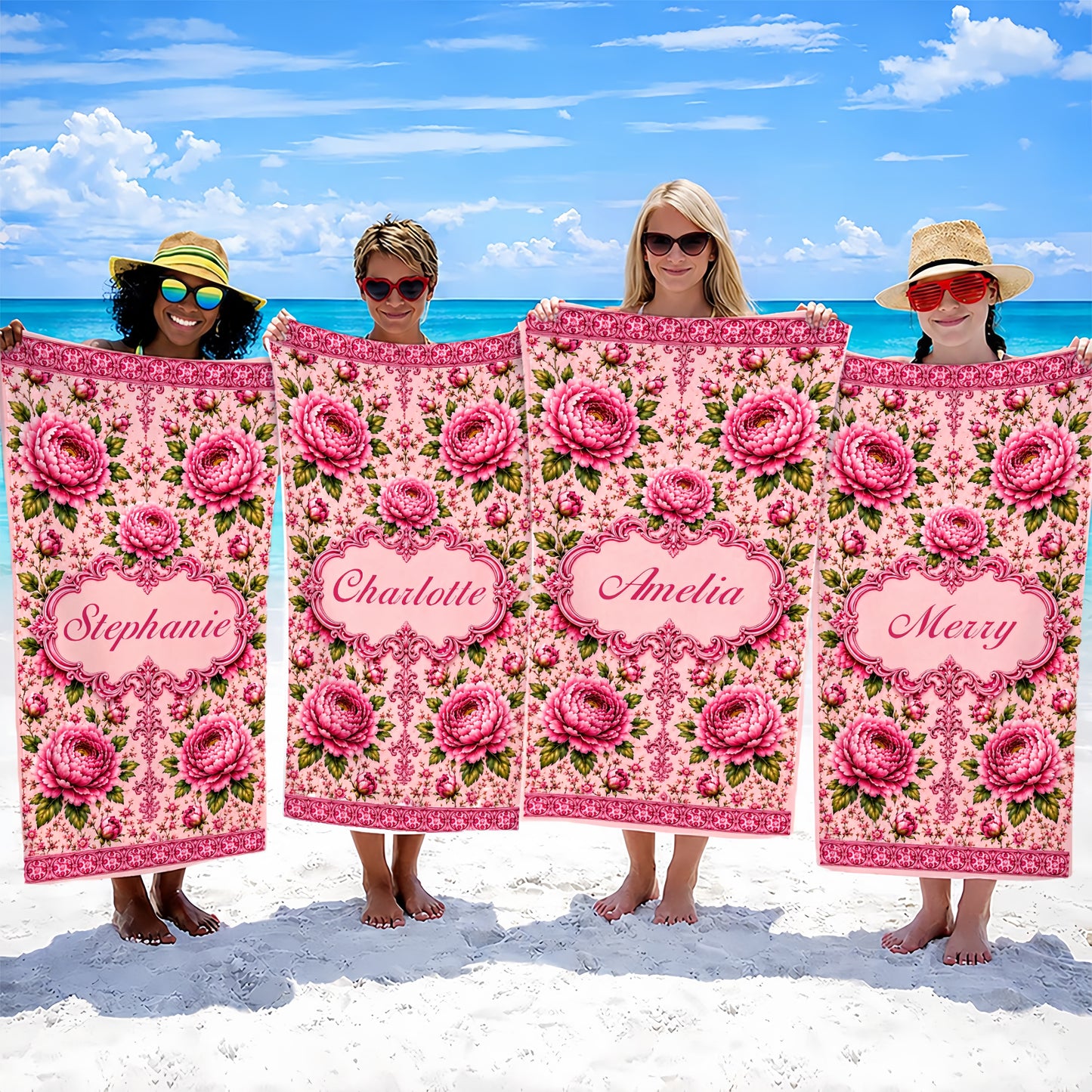 Charming Peony Paradise & Baroque Pattern - Personalized Beach Towel-Myprintsy