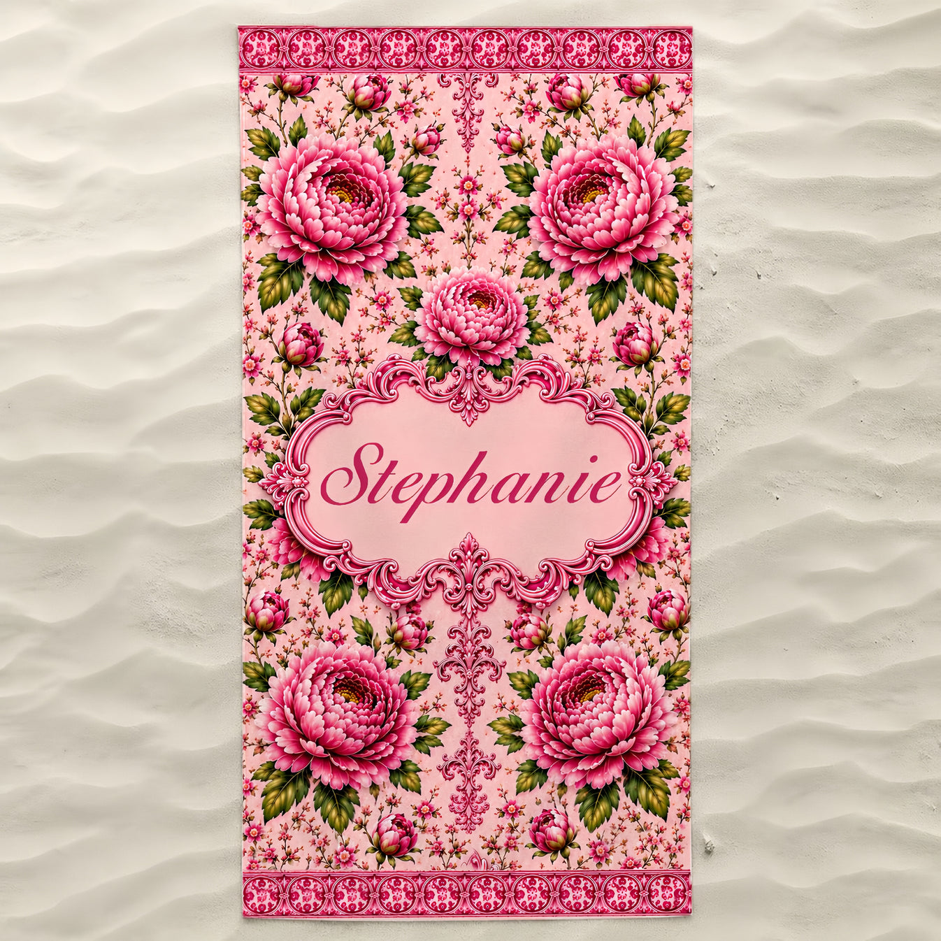 Charming Peony Paradise & Baroque Pattern - Personalized Beach Towel-Myprintsy