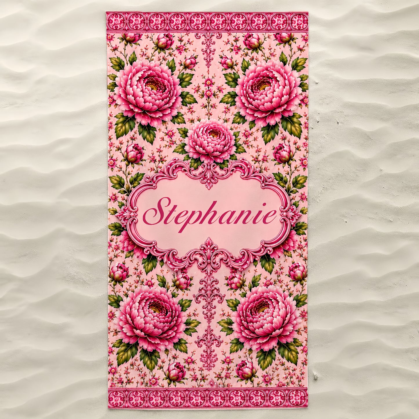 Charming Peony Paradise & Baroque Pattern - Personalized Beach Towel-Myprintsy
