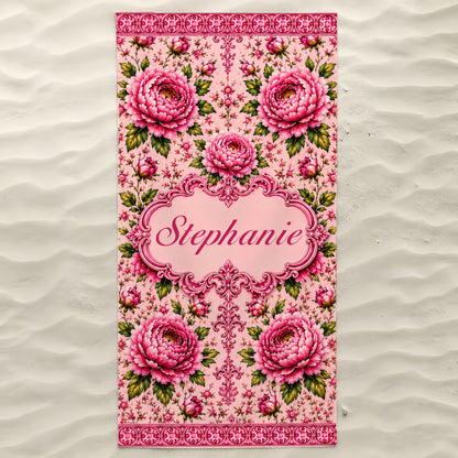 Charming Peony Paradise & Baroque Pattern - Personalized Beach Towel-Myprintsy