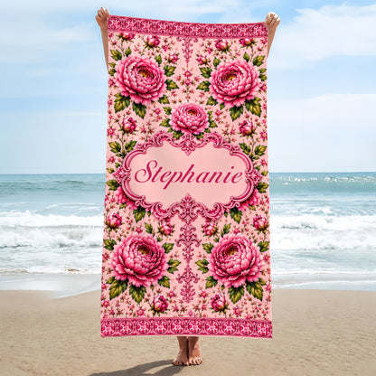 Charming Peony Paradise & Baroque Pattern - Personalized Beach Towel-Myprintsy