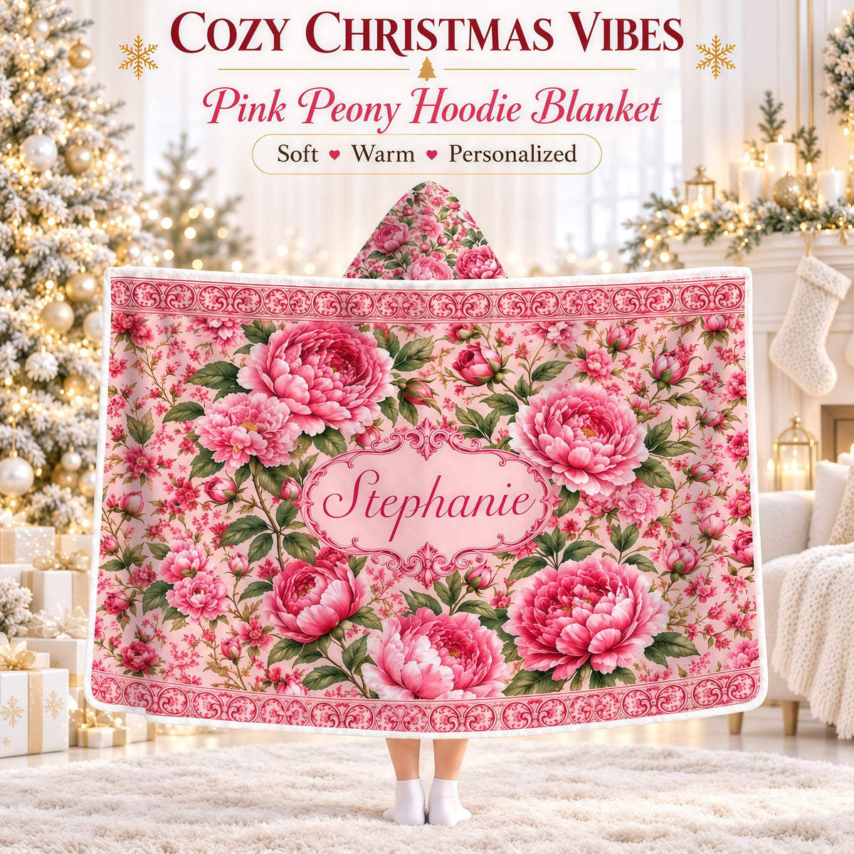 Charming Peony Paradise & Baroque Pattern - Personalized Pink Hooded Blanket - Gift For Her, Bestie, Family Members-Myprintsy