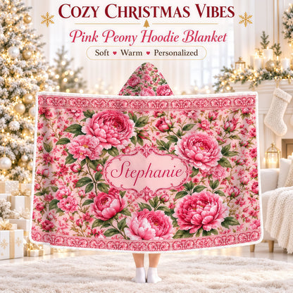 Charming Peony Paradise & Baroque Pattern - Personalized Pink Hooded Blanket - Gift For Her, Bestie, Family Members-Myprintsy
