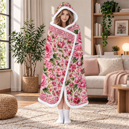 Charming Peony Paradise & Baroque Pattern - Personalized Pink Hooded Blanket - Gift For Her, Bestie, Family Members-Myprintsy