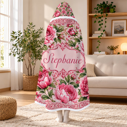 Charming Peony Paradise & Baroque Pattern - Personalized Pink Hooded Blanket - Gift For Her, Bestie, Family Members-Myprintsy