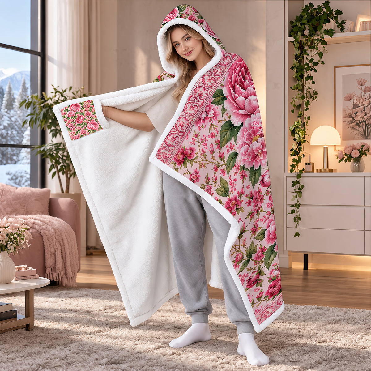 Charming Peony Paradise & Baroque Pattern - Personalized Pink Hooded Blanket - Gift For Her, Bestie, Family Members-Myprintsy