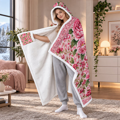 Charming Peony Paradise & Baroque Pattern - Personalized Pink Hooded Blanket - Gift For Her, Bestie, Family Members-Myprintsy