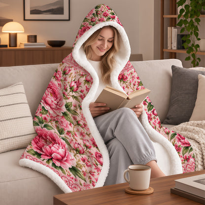 Charming Peony Paradise & Baroque Pattern - Personalized Pink Hooded Blanket - Gift For Her, Bestie, Family Members-Myprintsy