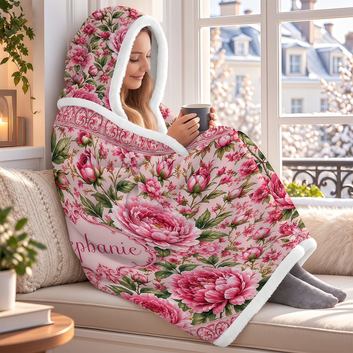 Charming Peony Paradise & Baroque Pattern - Personalized Pink Hooded Blanket - Gift For Her, Bestie, Family Members-Myprintsy