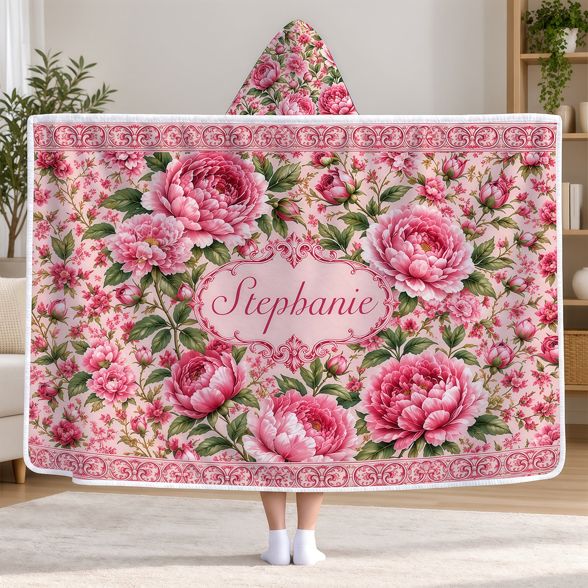 Charming Peony Paradise & Baroque Pattern - Personalized Pink Hooded Blanket - Gift For Her, Bestie, Family Members-Myprintsy