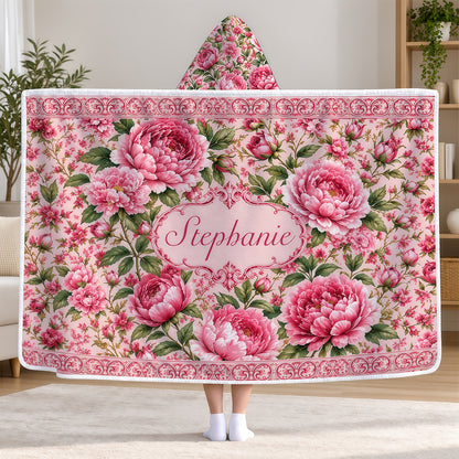 Charming Peony Paradise & Baroque Pattern - Personalized Pink Hooded Blanket - Gift For Her, Bestie, Family Members-Myprintsy