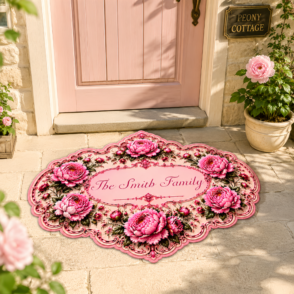 Charming Peony Paradise & Baroque Pattern - Personalized Shaped Luxurious Doormat-Myprintsy