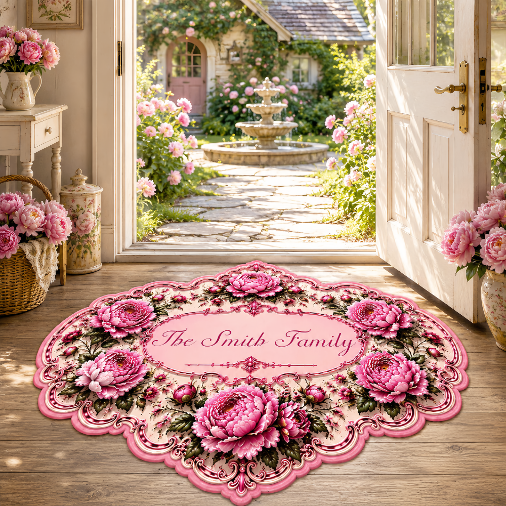 Charming Peony Paradise & Baroque Pattern - Personalized Shaped Luxurious Doormat-Myprintsy