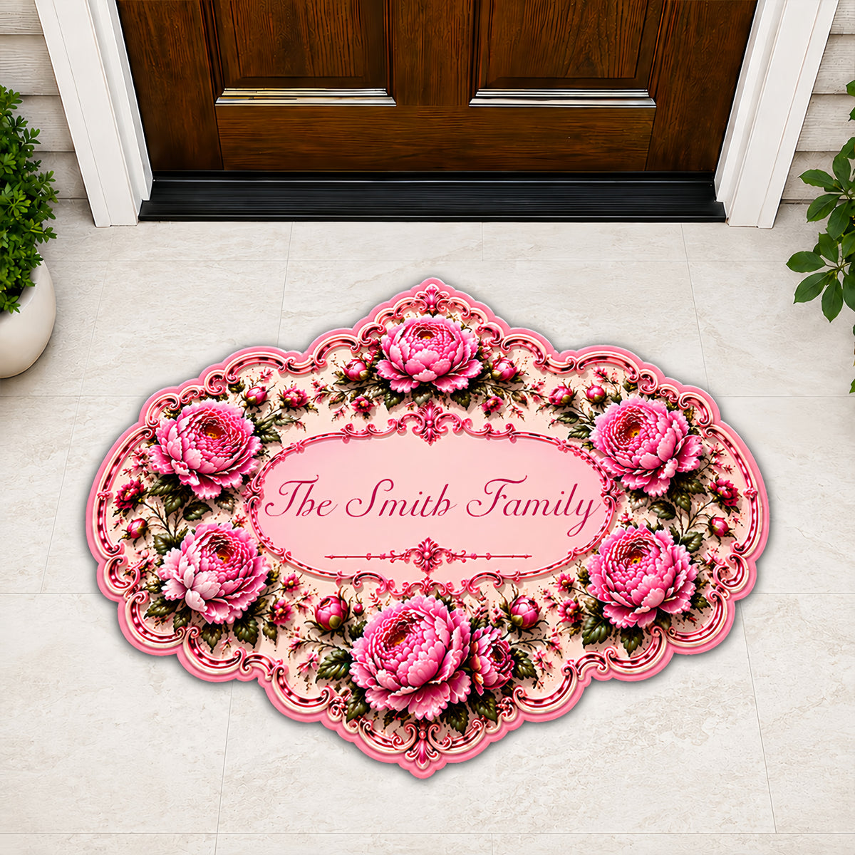 Charming Peony Paradise & Baroque Pattern - Personalized Shaped Luxurious Doormat-Myprintsy