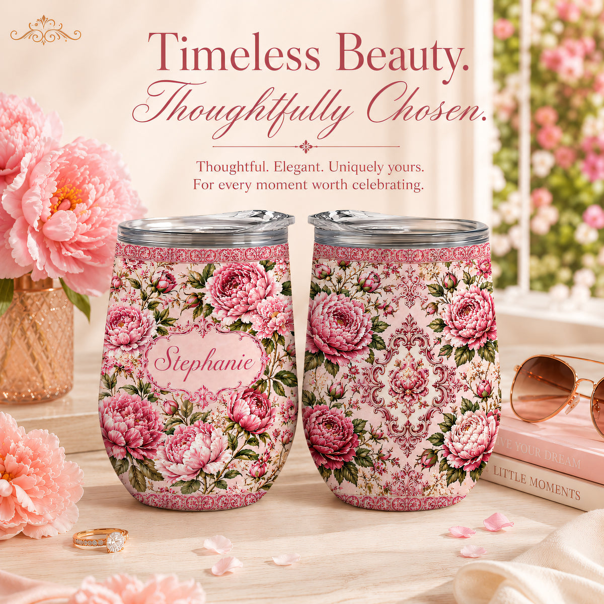 Charming Peony Paradise & Baroque Pattern - Personalized Wine Tumbler-Myprintsy