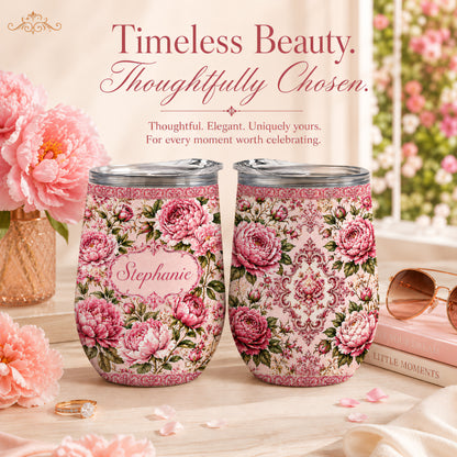 Charming Peony Paradise & Baroque Pattern - Personalized Wine Tumbler-Myprintsy