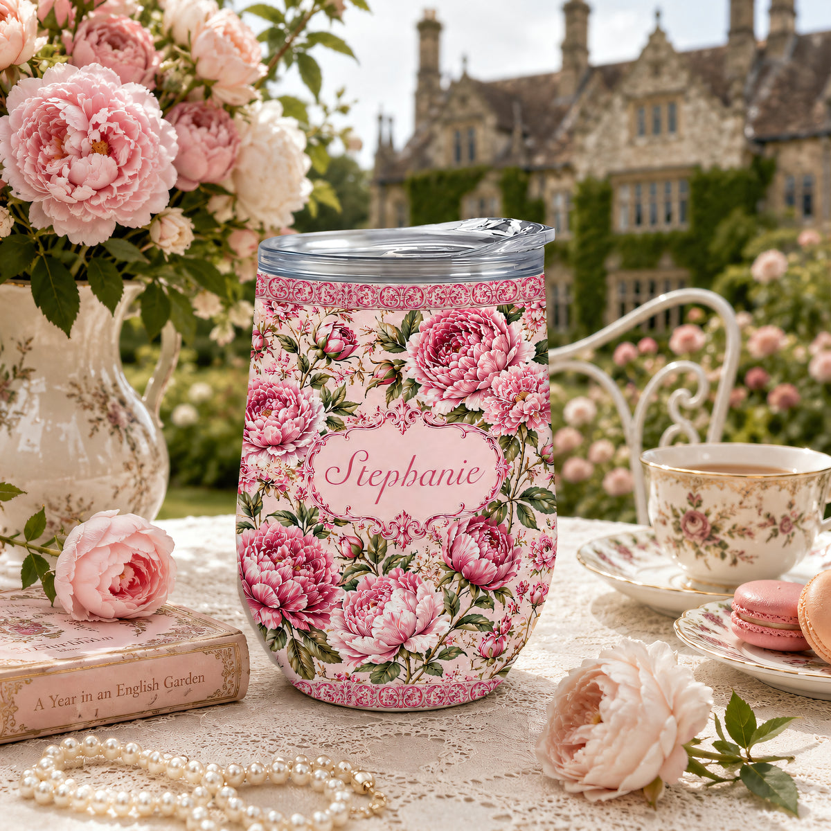 Charming Peony Paradise & Baroque Pattern - Personalized Wine Tumbler-Myprintsy
