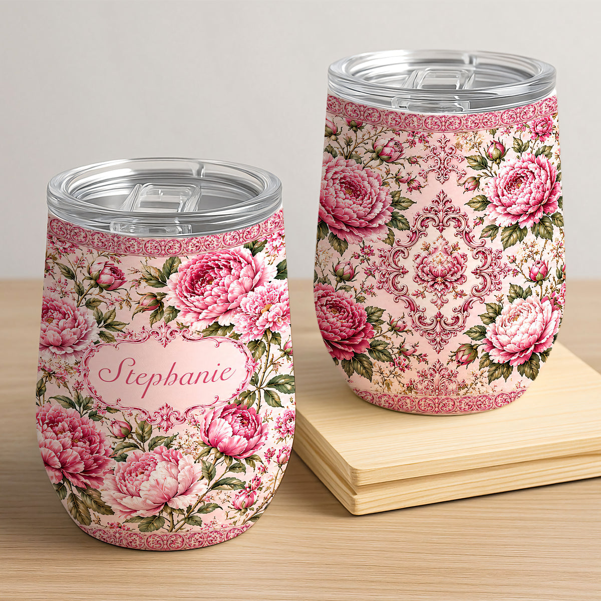 Charming Peony Paradise & Baroque Pattern - Personalized Wine Tumbler-Myprintsy