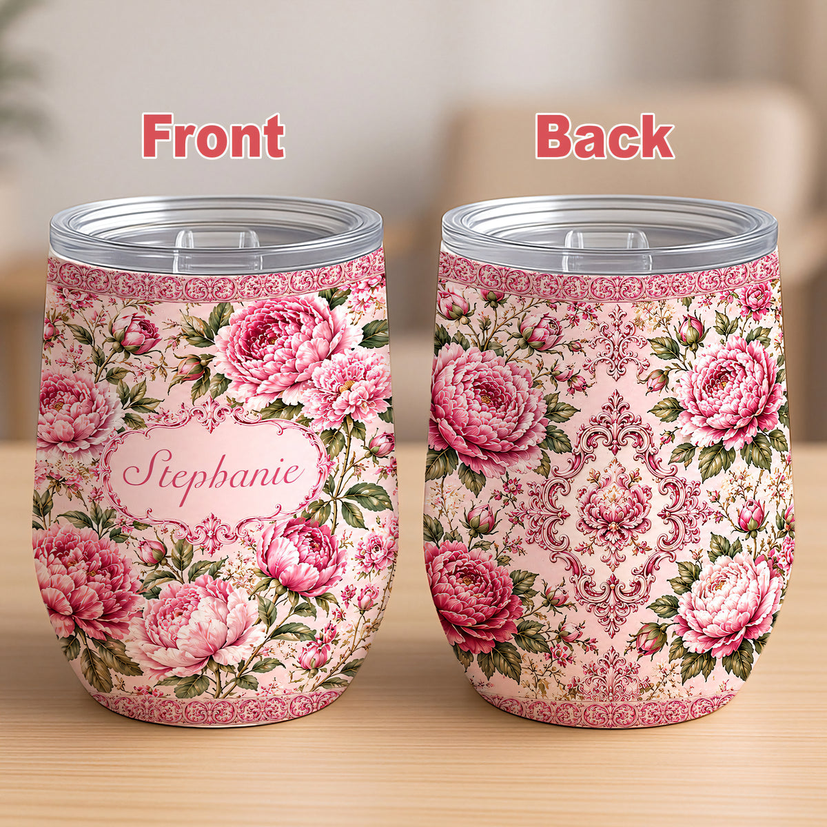 Charming Peony Paradise & Baroque Pattern - Personalized Wine Tumbler-Myprintsy