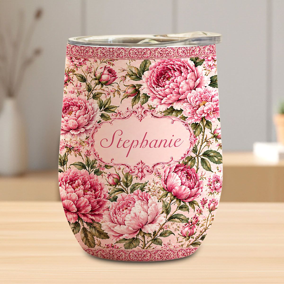 Charming Peony Paradise & Baroque Pattern - Personalized Wine Tumbler-Myprintsy
