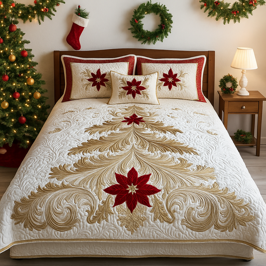 Elegant Gold & Red Christmas Quilt Set