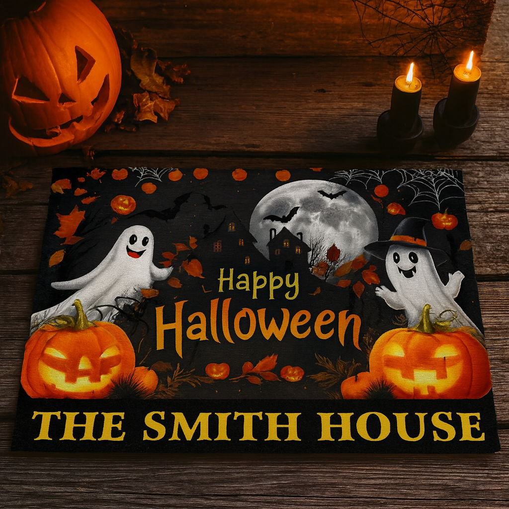 Happy Halloween Doormat with Ghosts, Pumpkins & Haunted House - Personalized Doormat