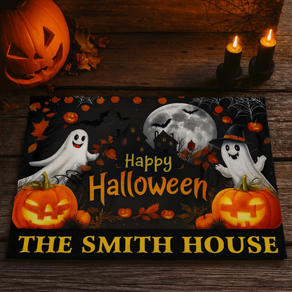 Happy Halloween Doormat with Ghosts, Pumpkins & Haunted House - Personalized Doormat