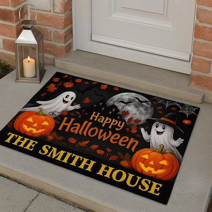 Happy Halloween Doormat with Ghosts, Pumpkins & Haunted House - Personalized Doormat