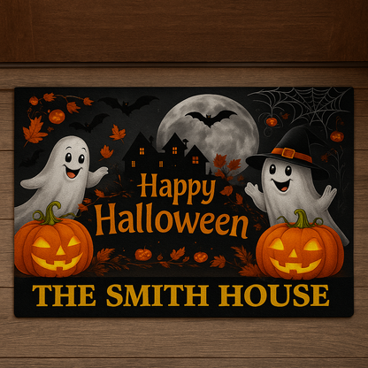 Happy Halloween Doormat with Ghosts, Pumpkins & Haunted House - Personalized Doormat