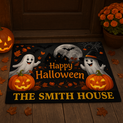 Happy Halloween Doormat with Ghosts, Pumpkins & Haunted House - Personalized Doormat